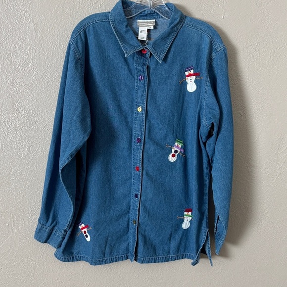 Coldwater Creek Winter Snowmen Chambray Button Up Womens Plus Size 1X - Picture 1 of 4